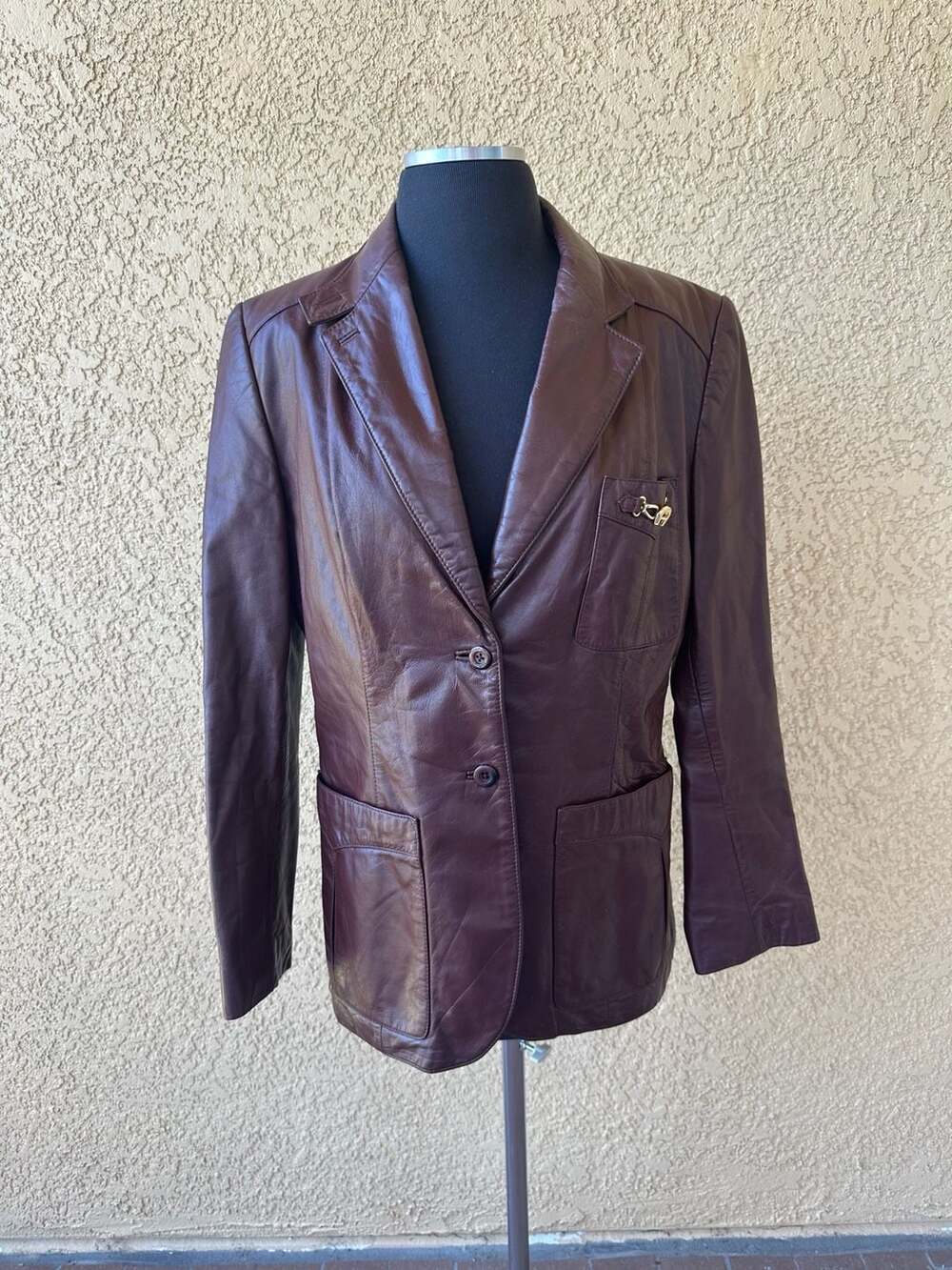 Etienne Aigner Vintage Burgundy Leather Blazer Jacket with Gold Logo Hardware